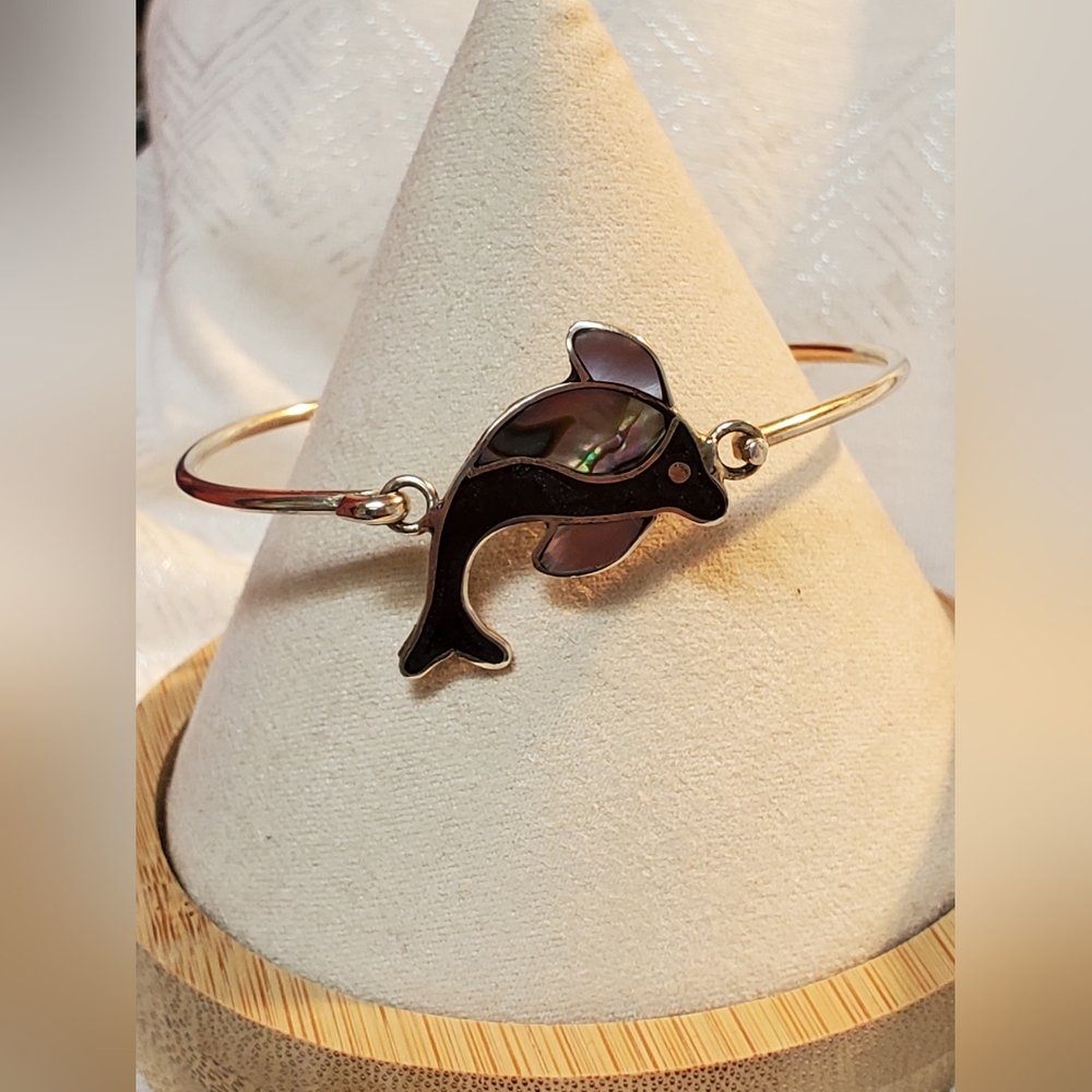 Vintage Mexico Alpaca Silver Shell Inlay Bracelet with Dolphin or Porpoi…